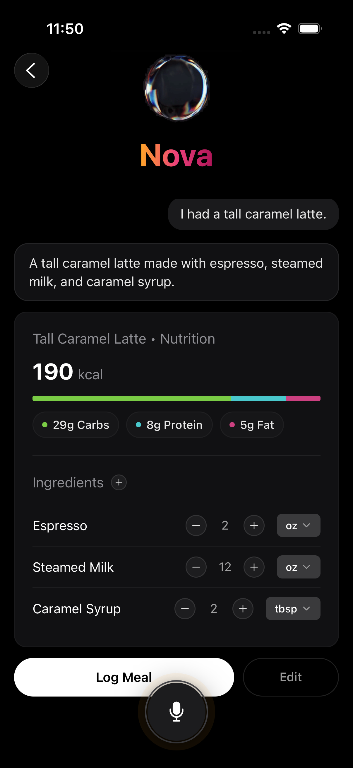 Voice-logged meal — participant says what they ate and Nova identifies ingredients and nutrition automatically