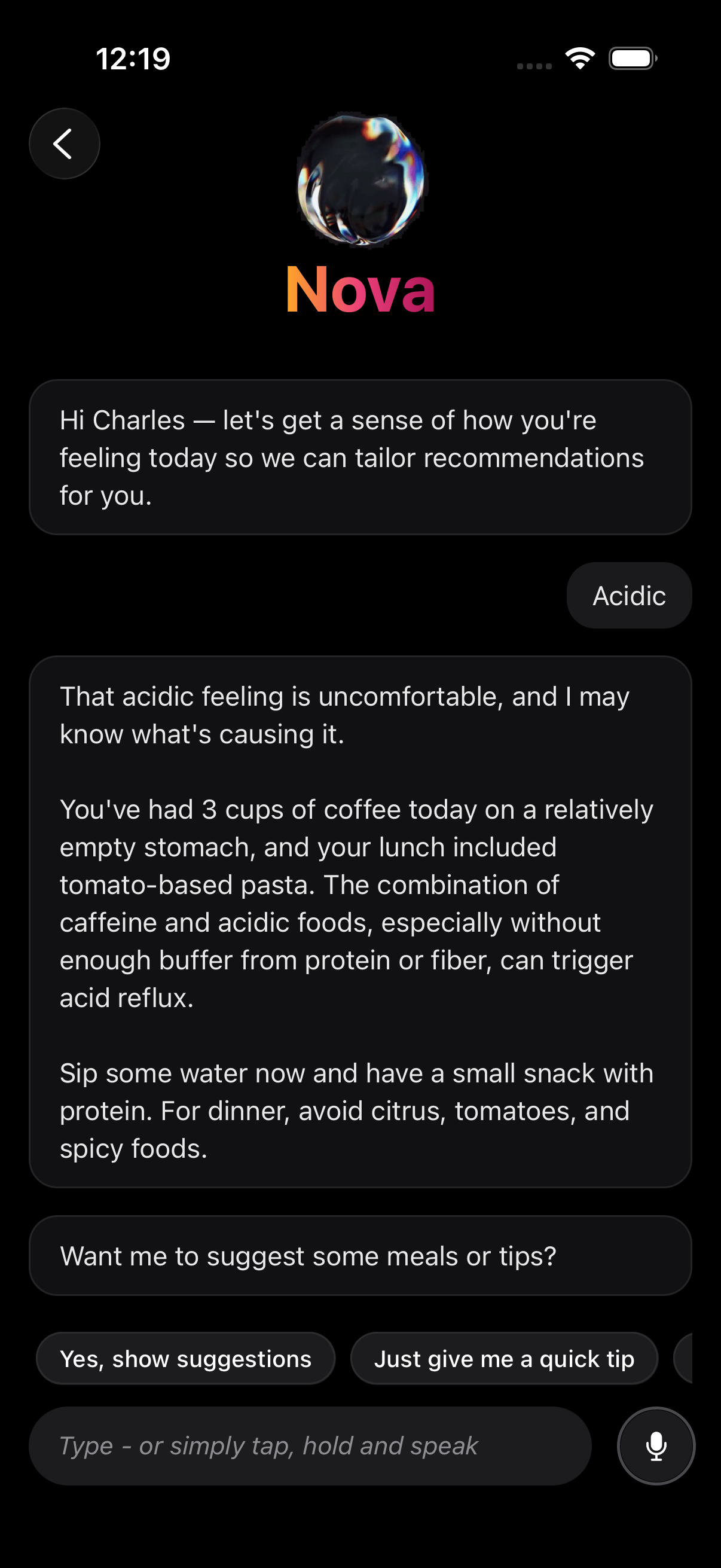 Nova daily check-in conversation offering personalized, practical guidance based on what the participant ate today