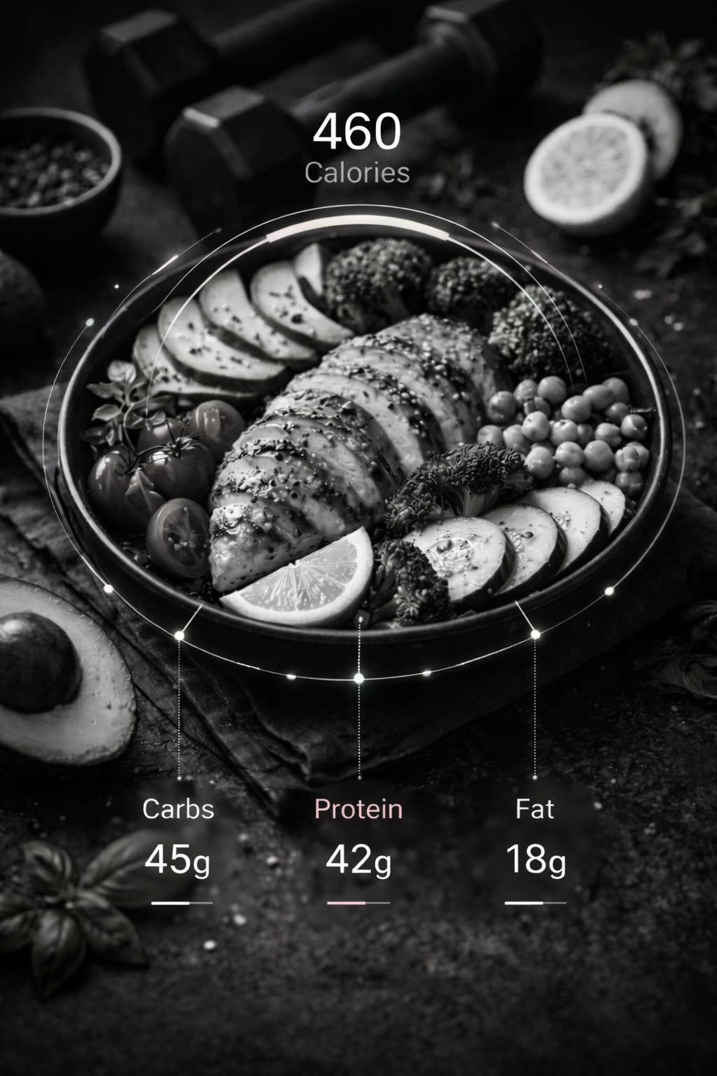 A balanced meal with calories and macros visualized — everyday food made understandable at a glance