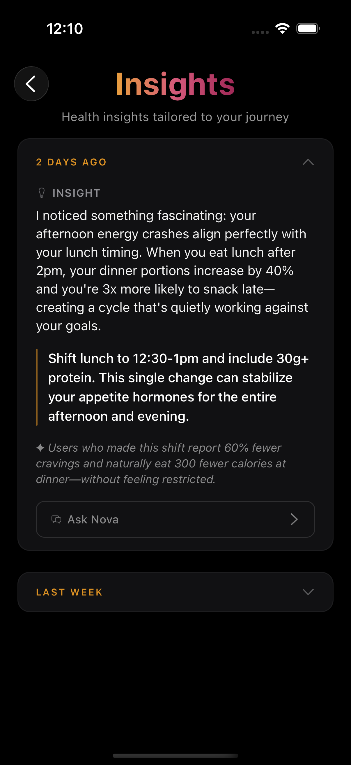 AI-generated weekly insight revealing that afternoon energy crashes align with late lunch timing, with actionable recommendation