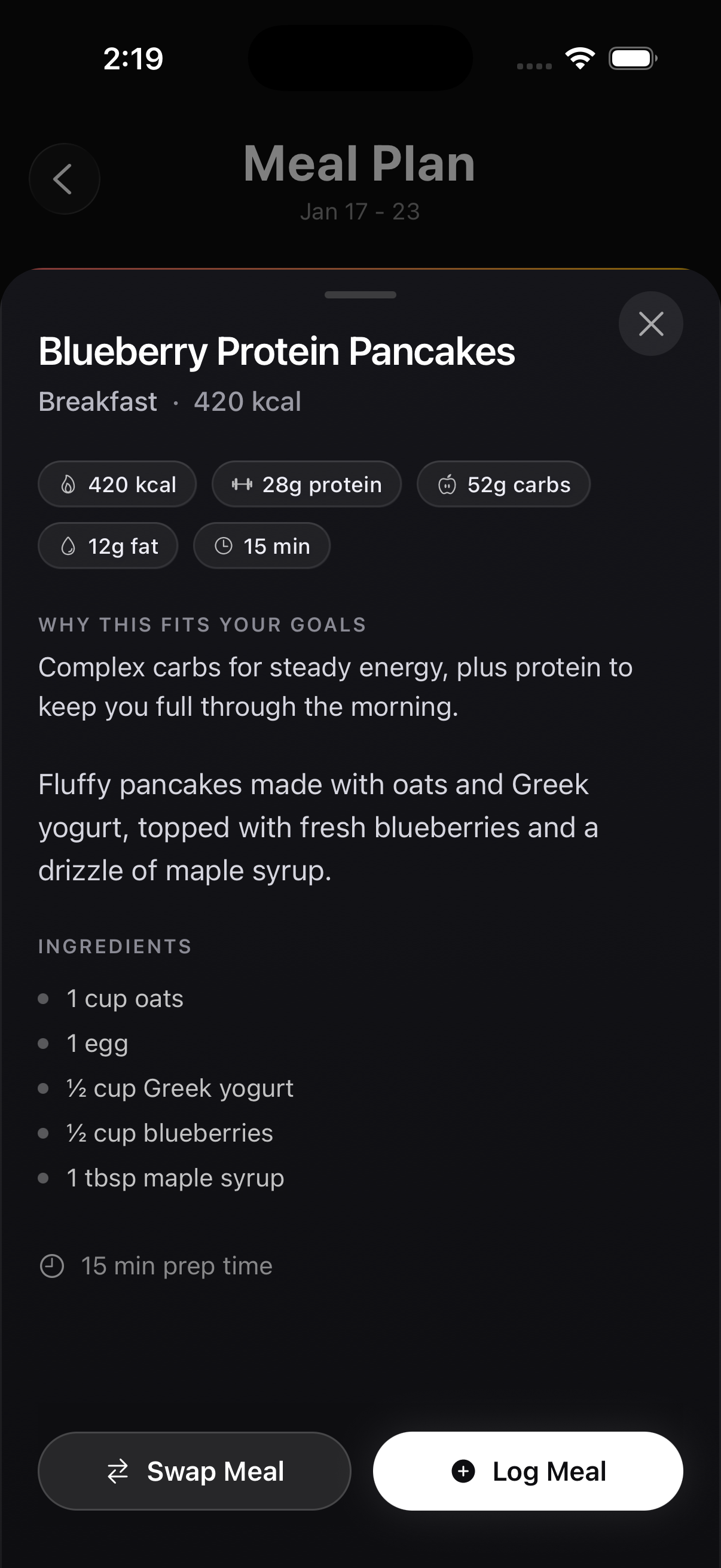 Blueberry Protein Pancakes recipe detail — 420 kcal, 28g protein, 52g carbs, 15 min prep, with full ingredients list and swap option