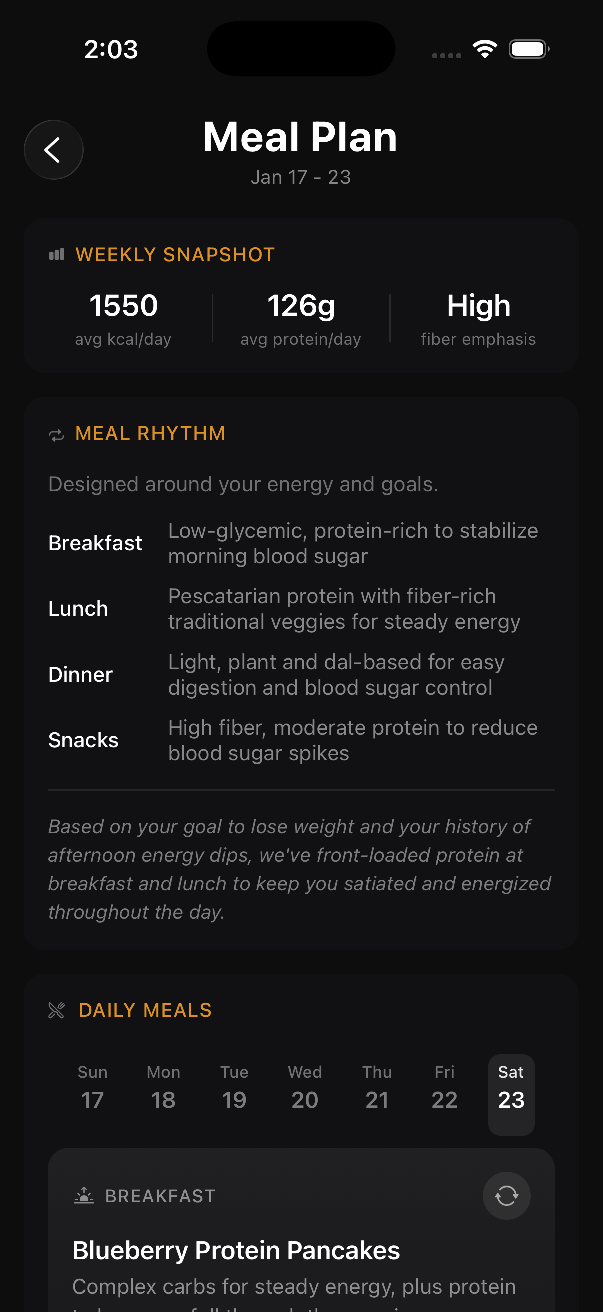 AI-generated weekly meal plan with 1550 kcal target, 126g protein, and personalized meal rhythm for breakfast, lunch, dinner, and snacks