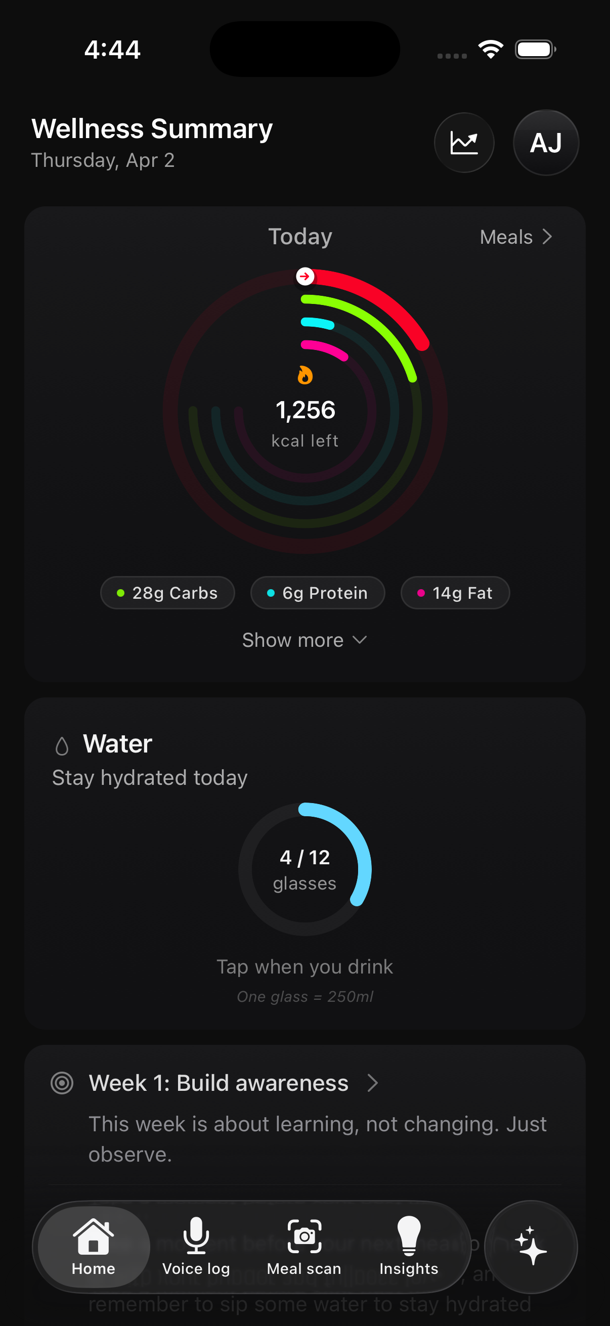 Wellness Summary dashboard showing 1,256 kcal left, macro rings for carbs protein and fat, water tracking at 4 of 12 glasses, and Week 1 Build Awareness phase